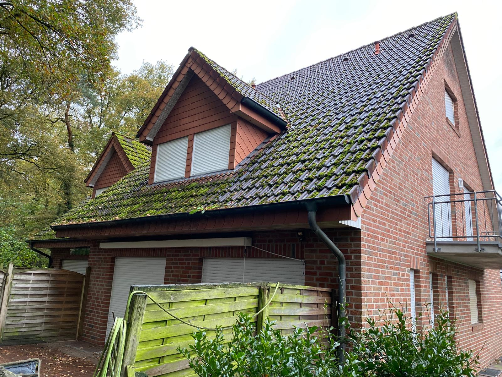 Dachfl&auml;che vor der Reinigung mit starkem Moosbefall